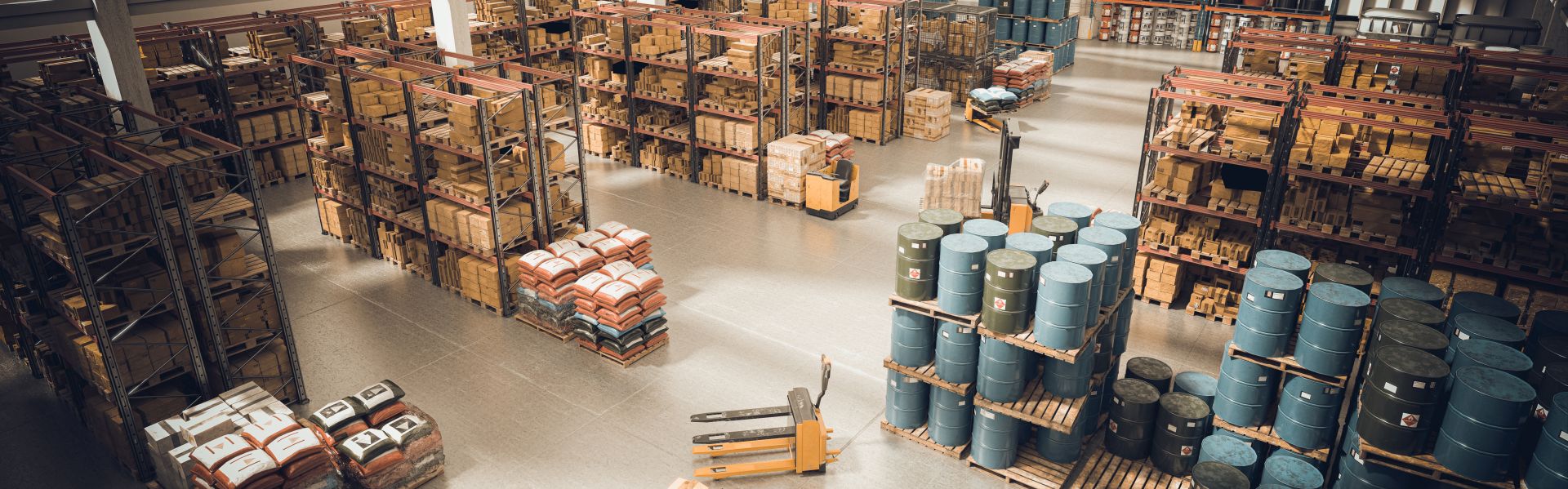 interior of a large warehouse with stored material and means for